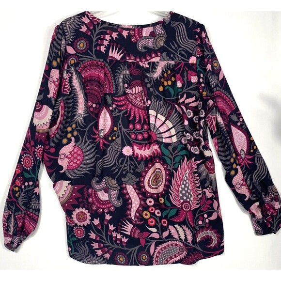 Loft Shirt Womens Large Sheer Long Sleeve Black Burgundy Paisley Boho - Picture 6 of 9